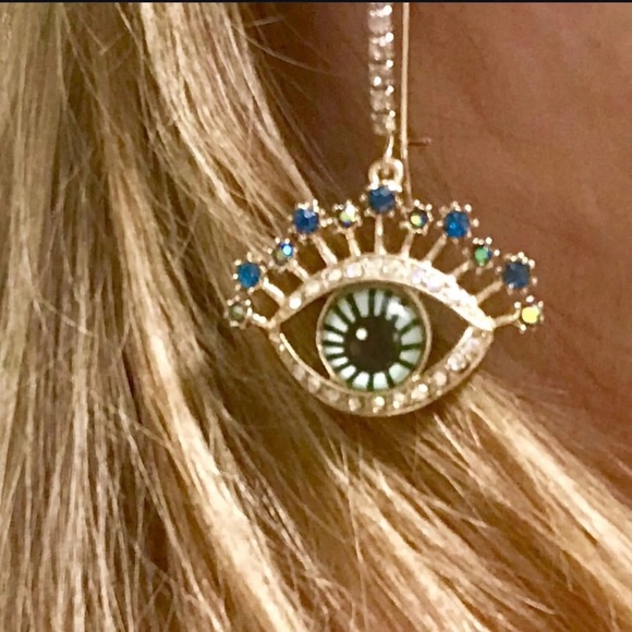 NWT Betsey Johnson Evil Eye Drop Earrings With Pave Crystals - Picture 2 of 7